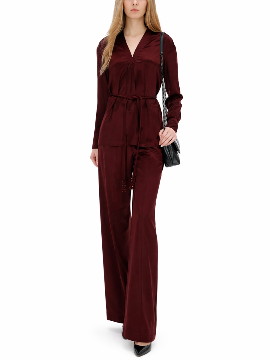 Tory Burch Deep V-Neck Satin Burgundy Belted Top Zwart