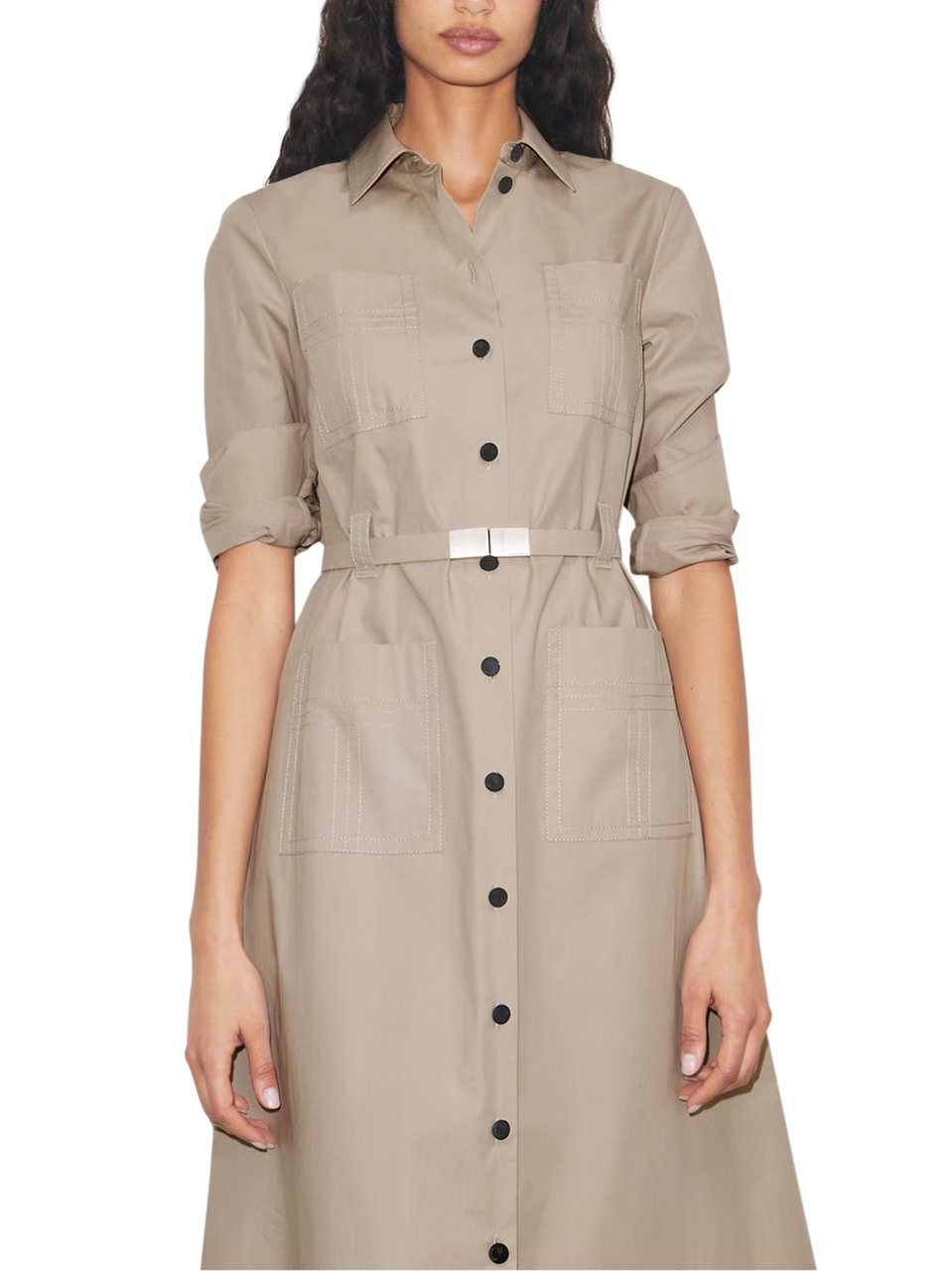 Tory Burch Midi-Length Cotton Camp Dress with Structured Collar Grijs