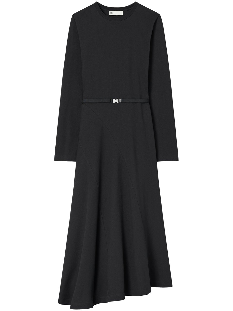 Tory Burch Flared Black Midi Dress with Belted Waist Zwart