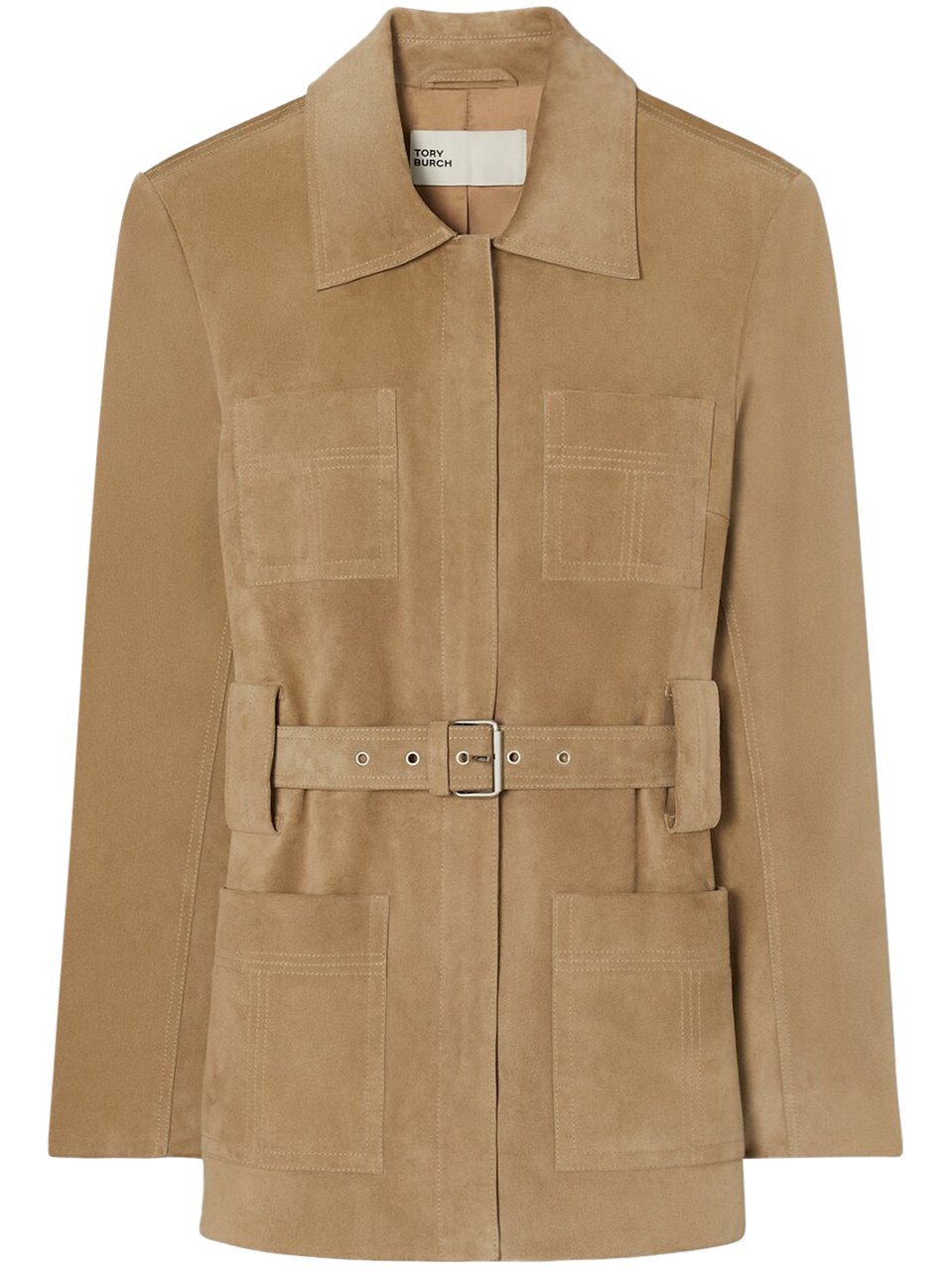 Tory Burch Structured Brown Suede Jacket with Front Belt Neutraal