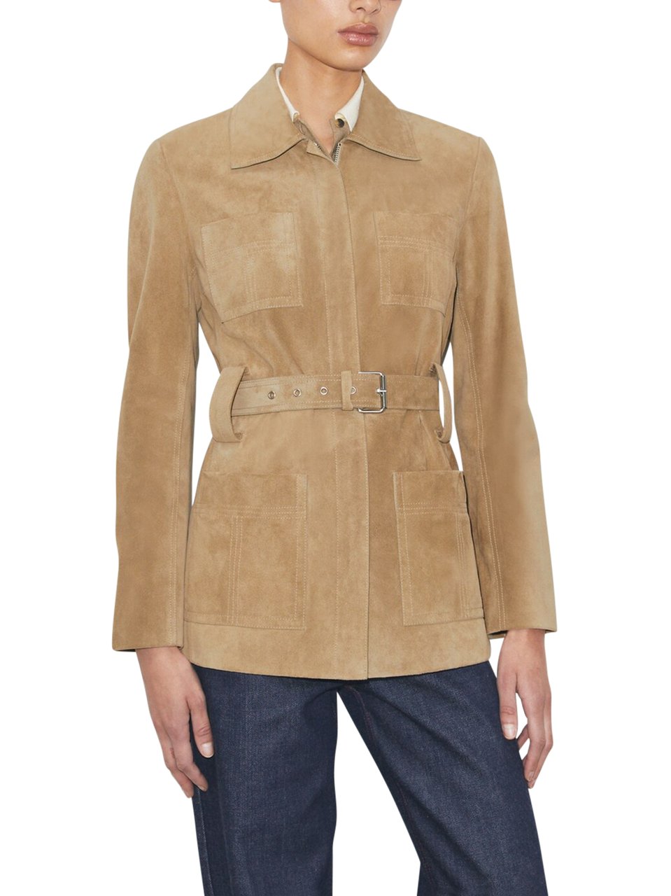 Tory Burch Structured Brown Suede Jacket with Front Belt Neutraal