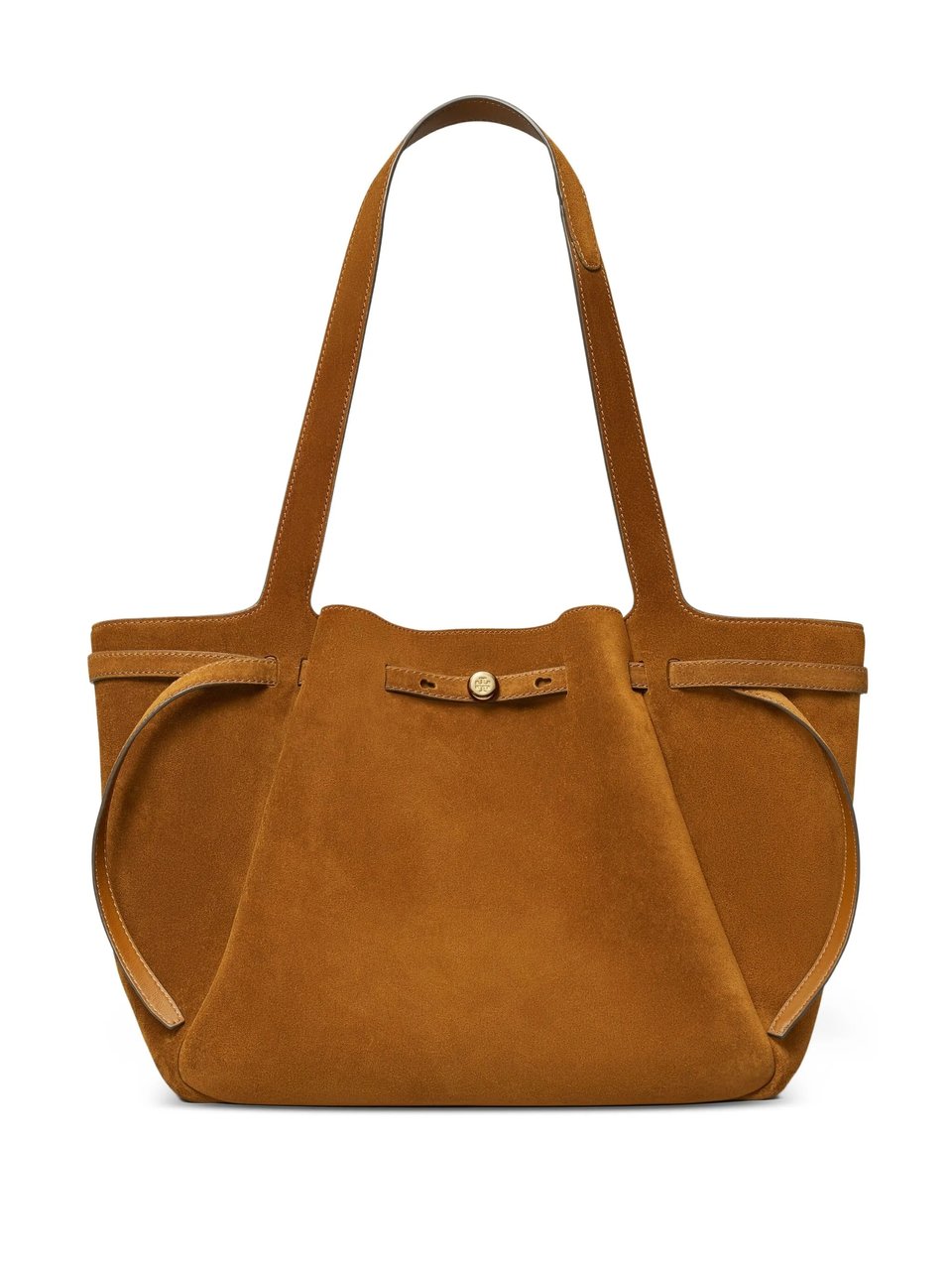 Tory Burch Structured Suede Tote Bag with Drawstring Details Bruin
