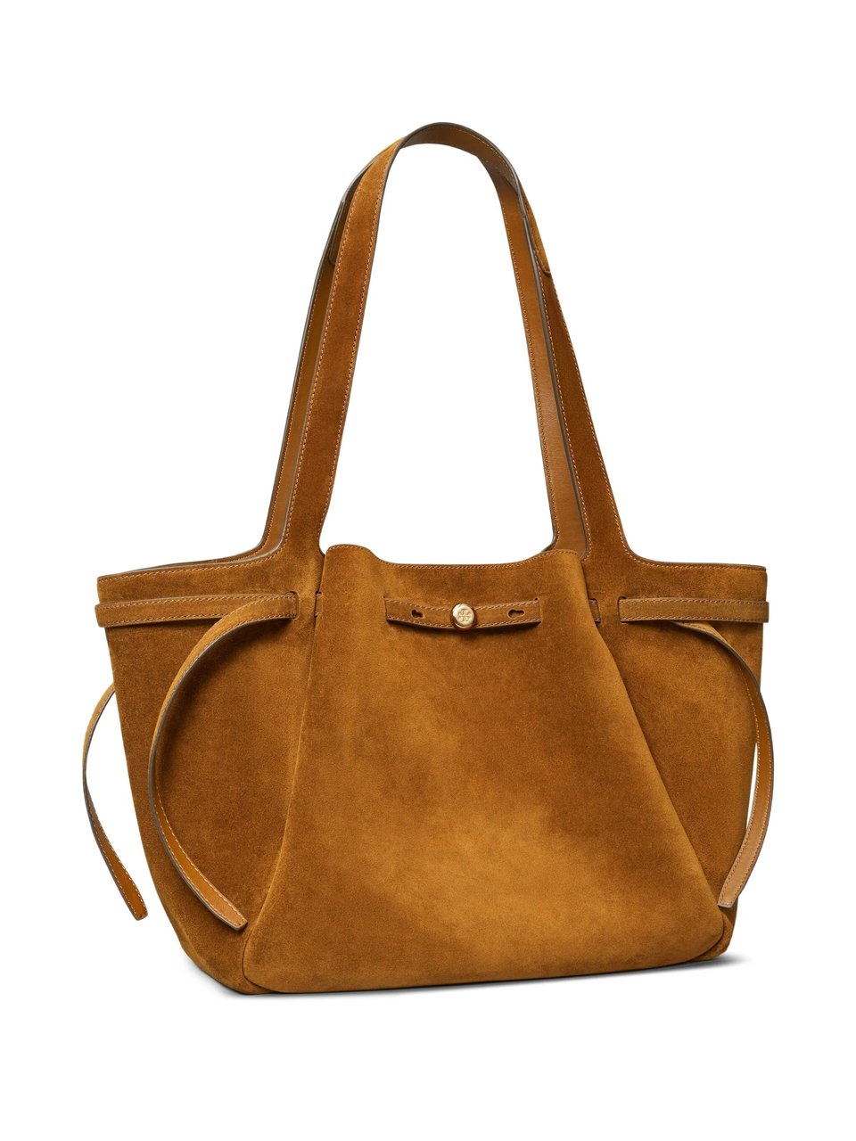 Tory Burch Structured Suede Tote Bag with Drawstring Details Bruin