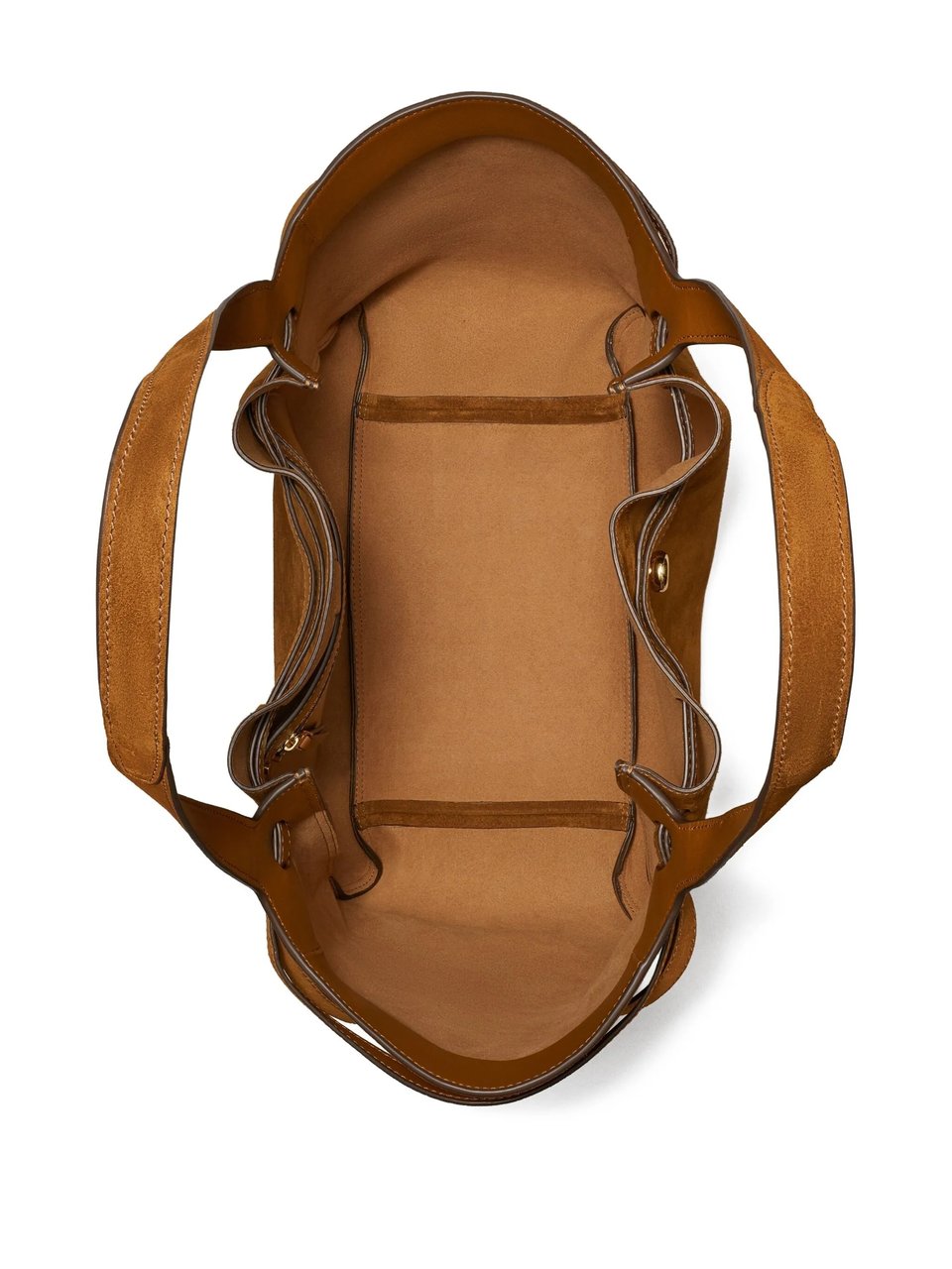 Tory Burch Structured Suede Tote Bag with Drawstring Details Bruin