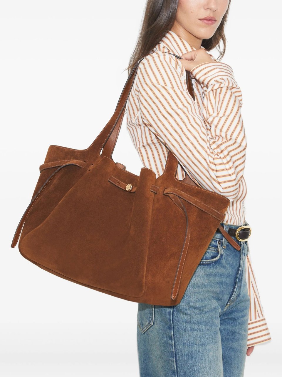 Tory Burch Structured Suede Tote Bag with Drawstring Details Bruin