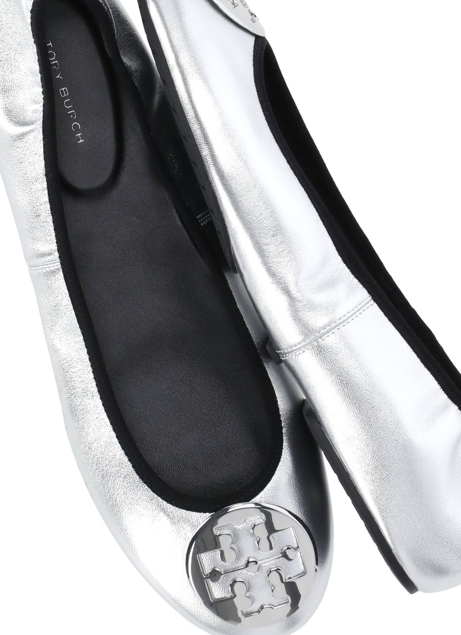 Tory Burch Silver Reva Leather Flats Wit