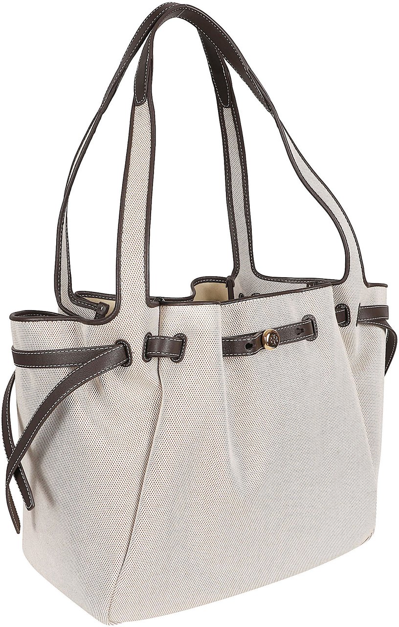 Tory Burch Textured Cotton Tote Bag with Leather Trim and Adjustable Width Wit