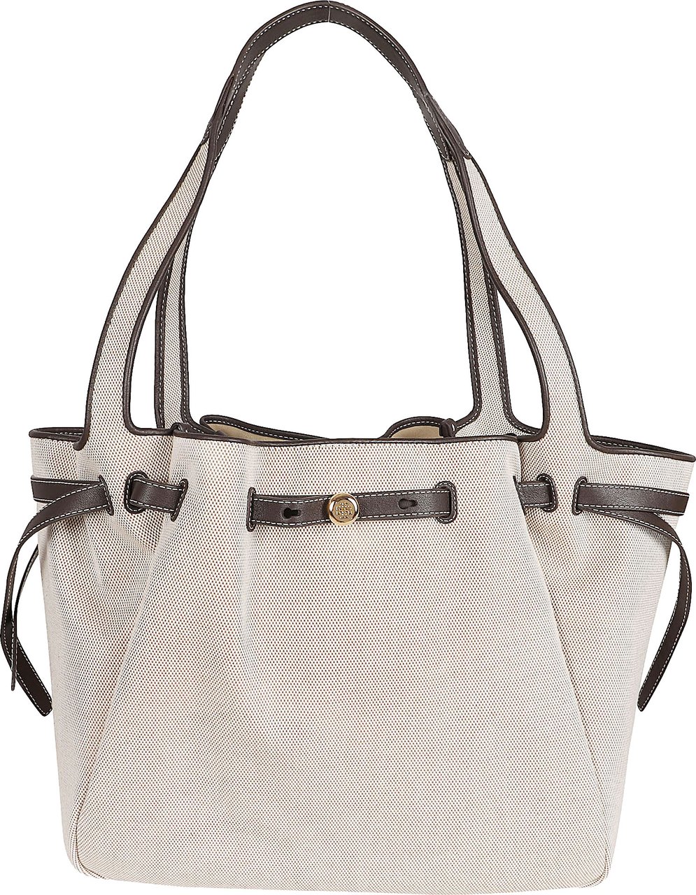Tory Burch Textured Cotton Tote Bag with Leather Trim and Adjustable Width Wit