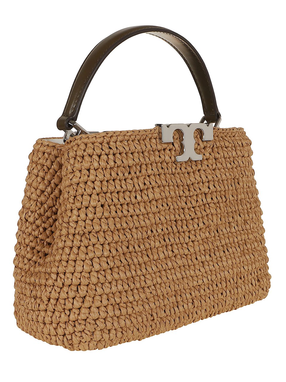 Tory Burch Hand-Woven Raffia Mini Satchel with Leather Accents Bruin