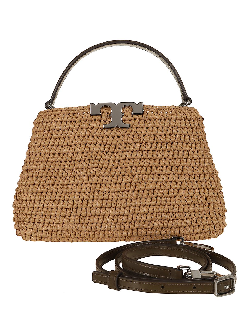 Tory Burch Hand-Woven Raffia Mini Satchel with Leather Accents Bruin