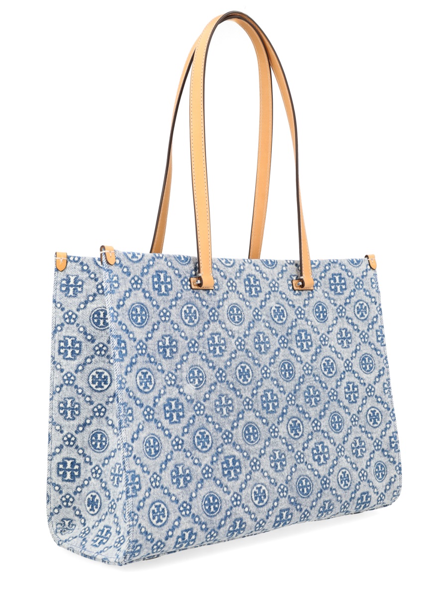 Tory Burch T Monogram Blue Cotton Shopper Bag Grijs