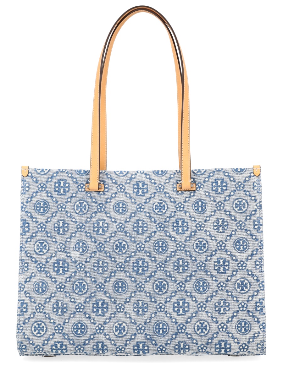 Tory Burch T Monogram Blue Cotton Shopper Bag Grijs