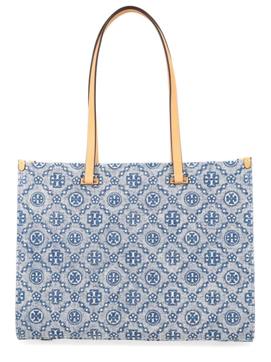 Tory Burch T Monogram Blue Cotton Shopper Bag Grijs