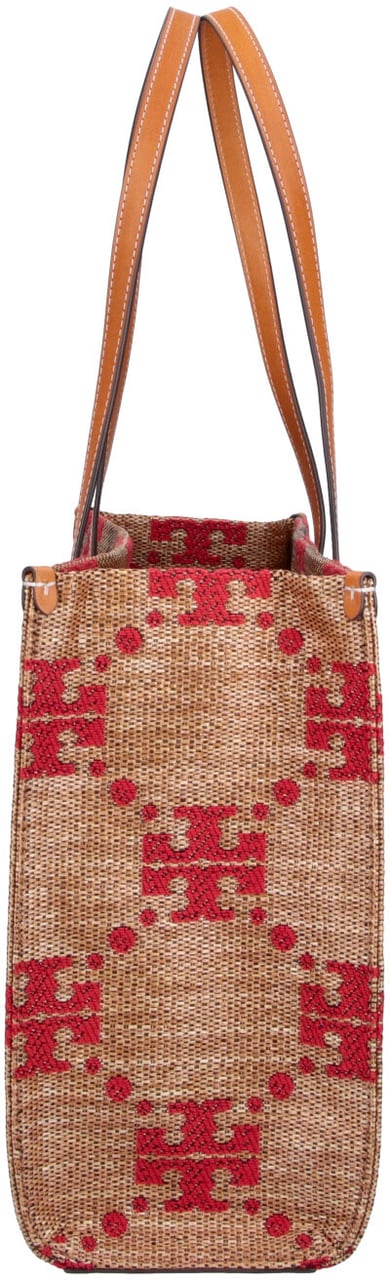 Tory Burch T Monogram Woven Geometric Tote Bag Bruin
