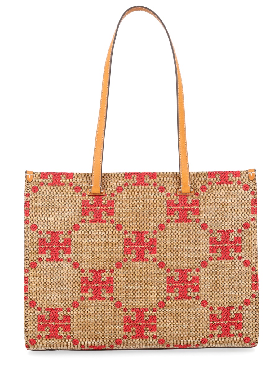Tory Burch T Monogram Woven Geometric Tote Bag Bruin