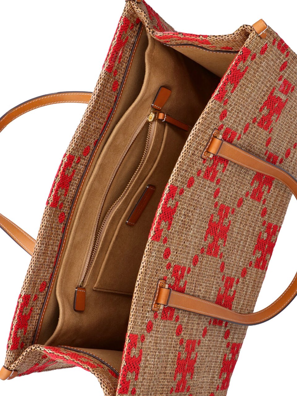 Tory Burch T Monogram Woven Geometric Tote Bag Bruin