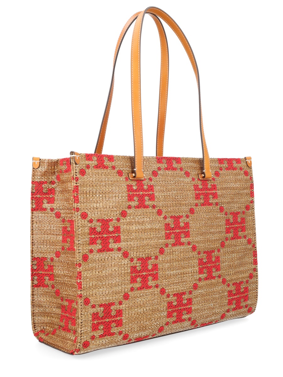 Tory Burch T Monogram Woven Geometric Tote Bag Bruin