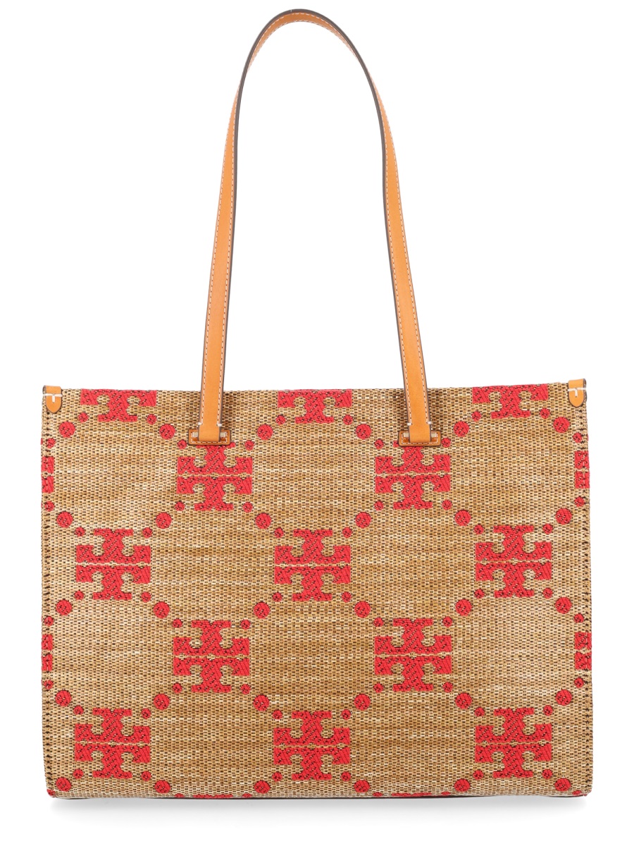 Tory Burch T Monogram Woven Geometric Tote Bag Bruin