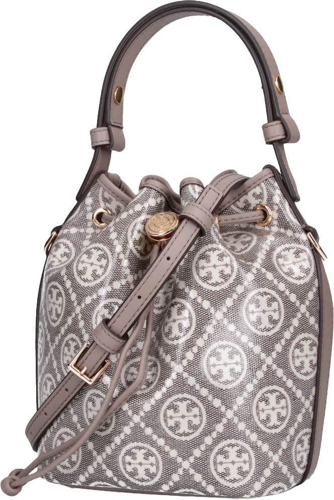 Tory Burch Grey T Monogram Cotton Canvas Bucket Bag Grijs