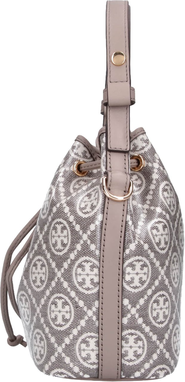 Tory Burch Grey T Monogram Cotton Canvas Bucket Bag Grijs