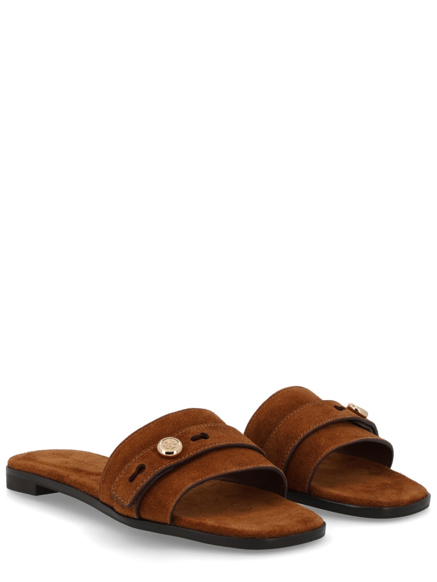 Tory Burch Warm Brown Suede Slide Sandals Zwart