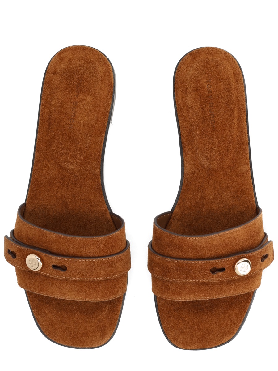 Tory Burch Warm Brown Suede Slide Sandals Zwart