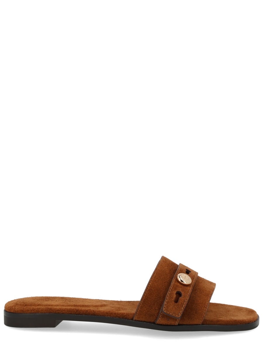Tory Burch Warm Brown Suede Slide Sandals Zwart