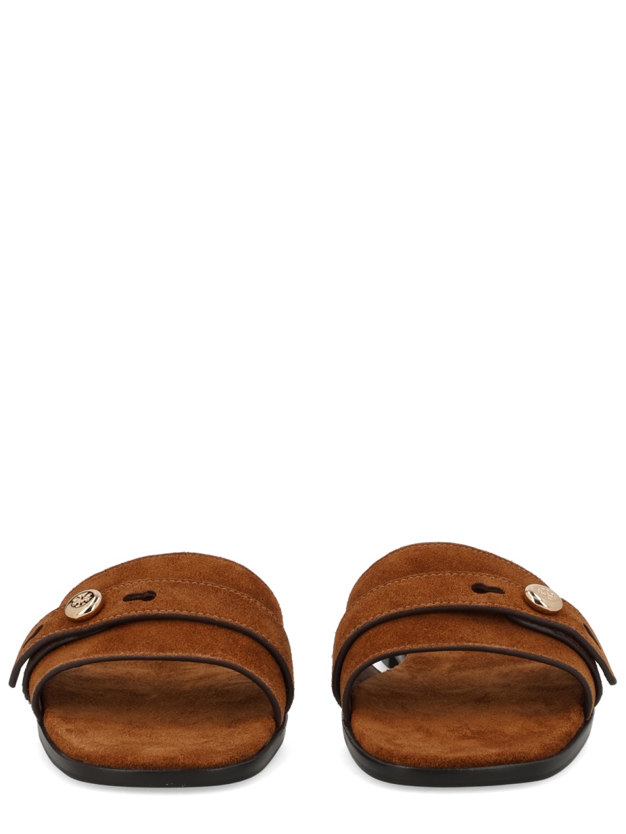 Tory Burch Warm Brown Suede Slide Sandals Zwart