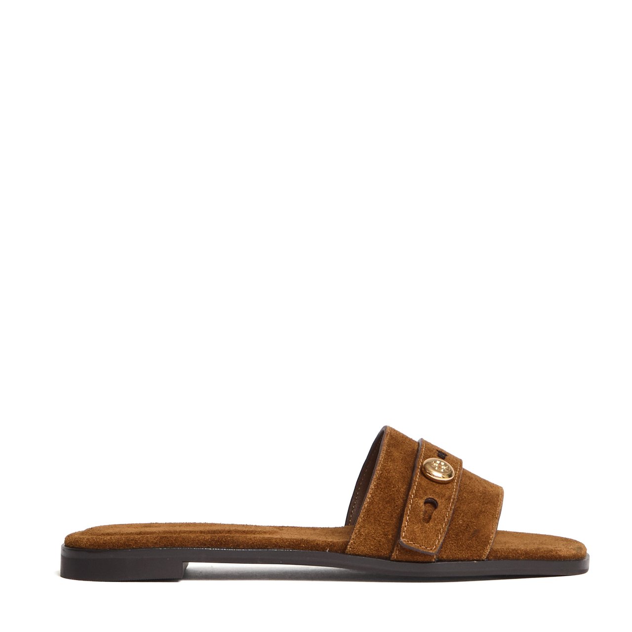 Tory Burch Romy Suede Nappa Lined Flat Sandals Bruin