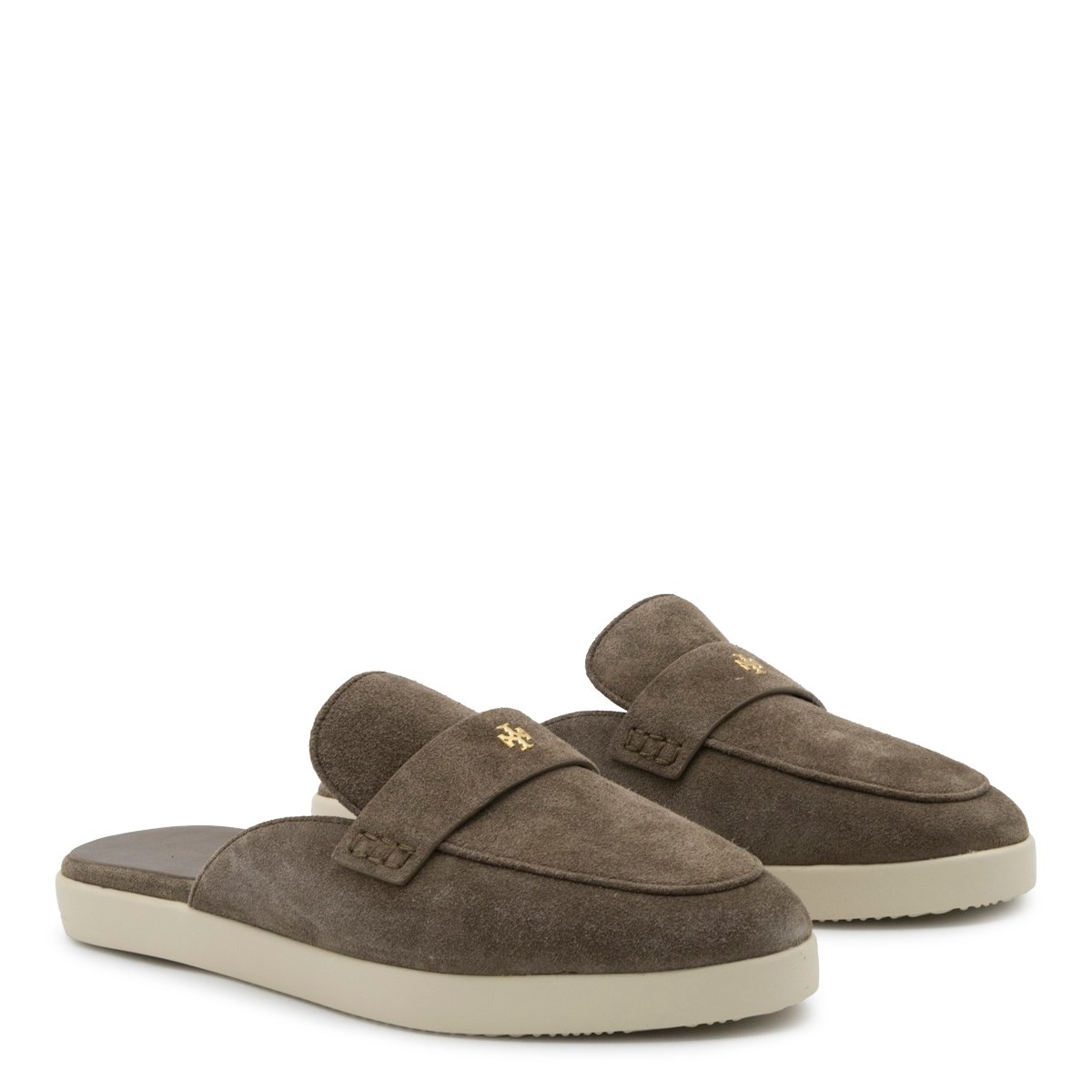 Tory Burch Brown Suede Open Back Loafers Grijs