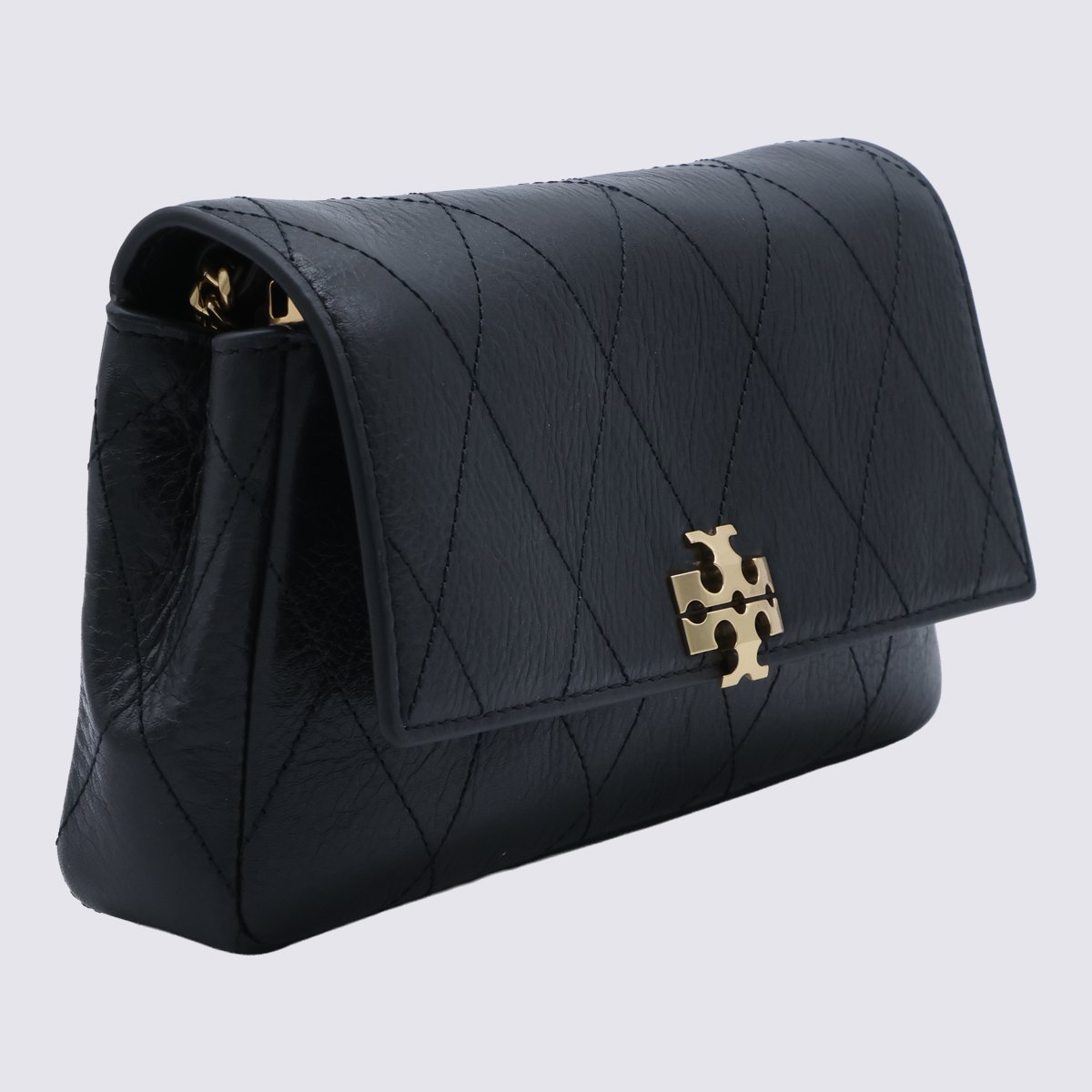 Tory Burch Quilted Black Leather Bag With Chain Strap And Logo Emblem Zwart