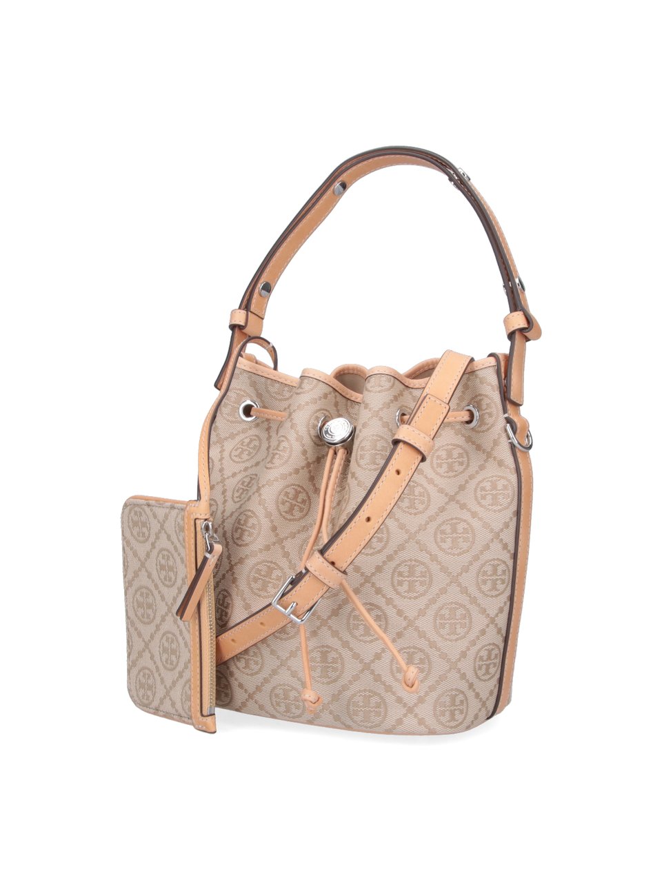 Tory Burch Medium Bucket Bag with Beige Monogram Pattern Neutraal