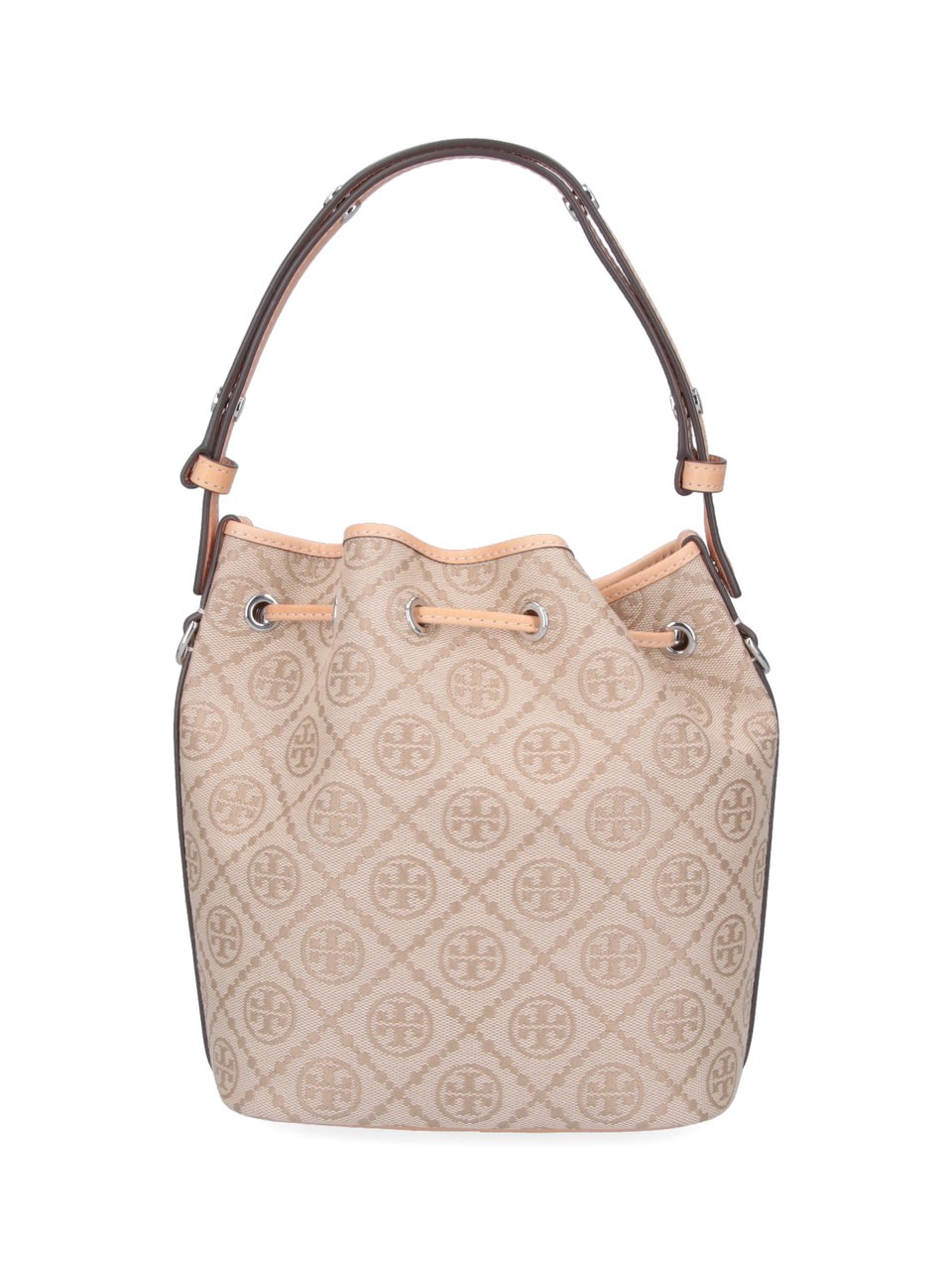 Tory Burch Medium Bucket Bag with Beige Monogram Pattern Neutraal