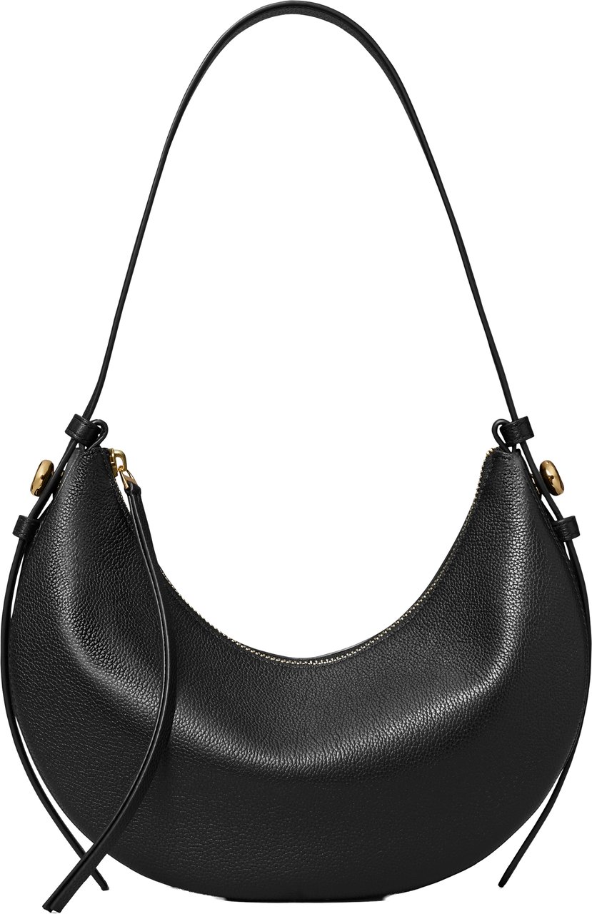 Tory Burch Crescent-Shaped Textured Leather Romy Half Moon Bag Zwart