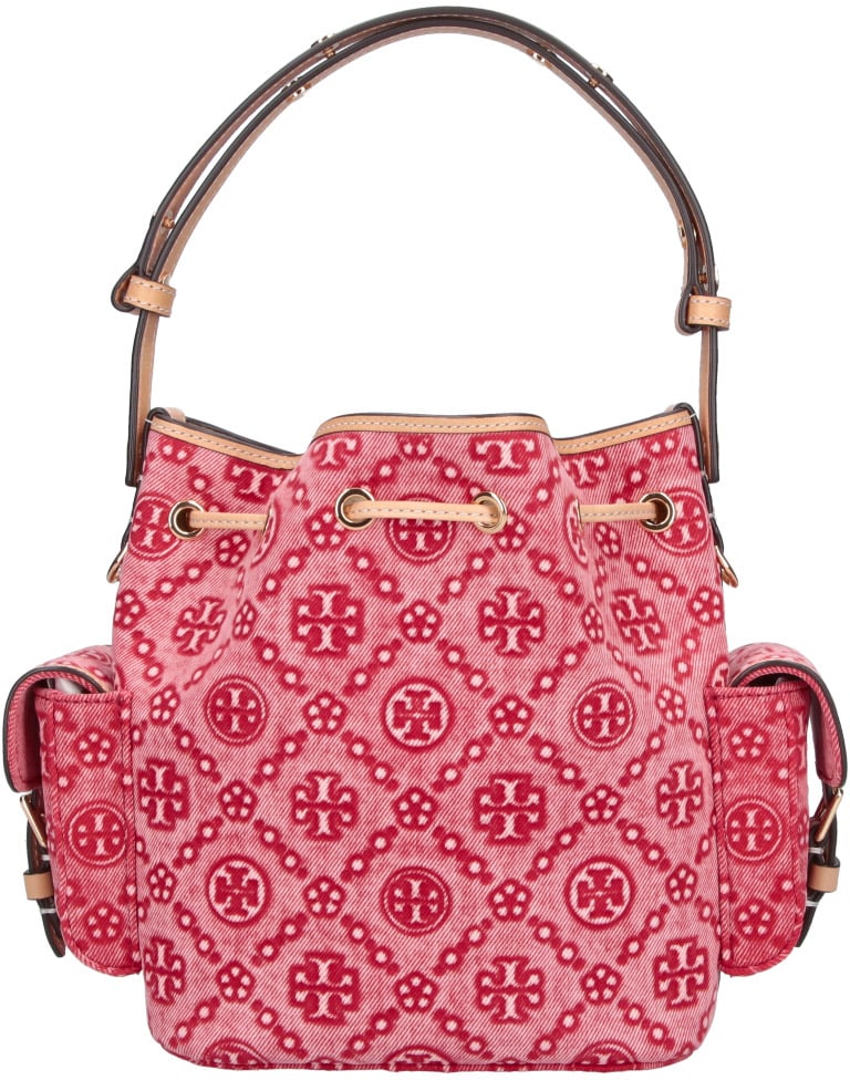 Tory Burch Red T Monogram Denim Bucket Bag Rood