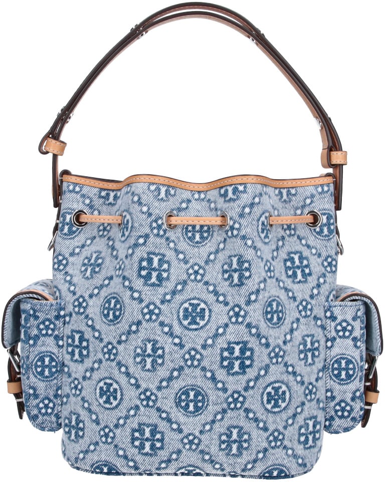 Tory Burch Blue T Monogram Cotton Bucket Bag Blauw
