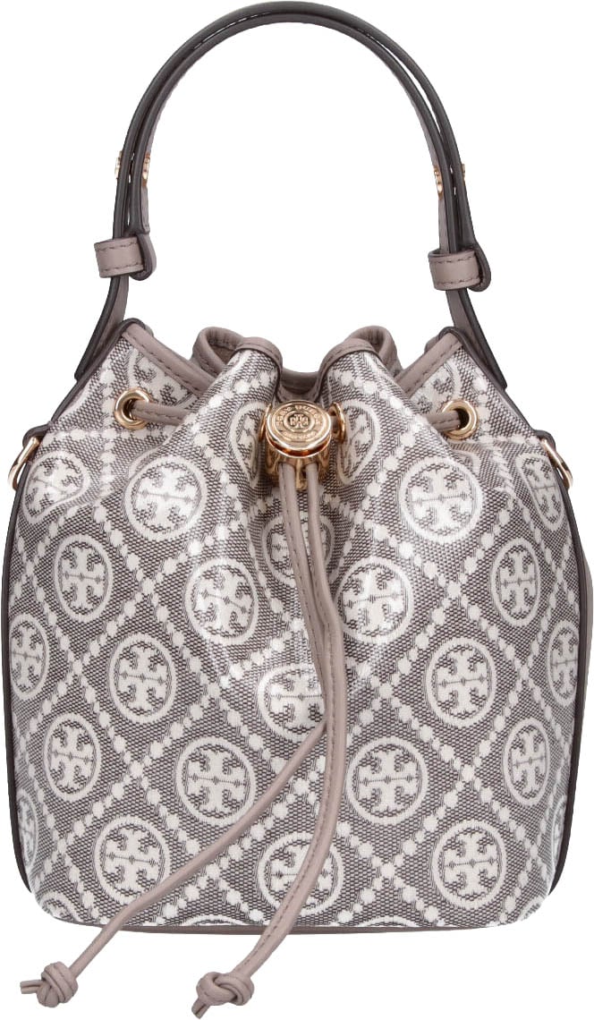 Tory Burch Grey T Monogram Cotton Canvas Bucket Bag Grijs