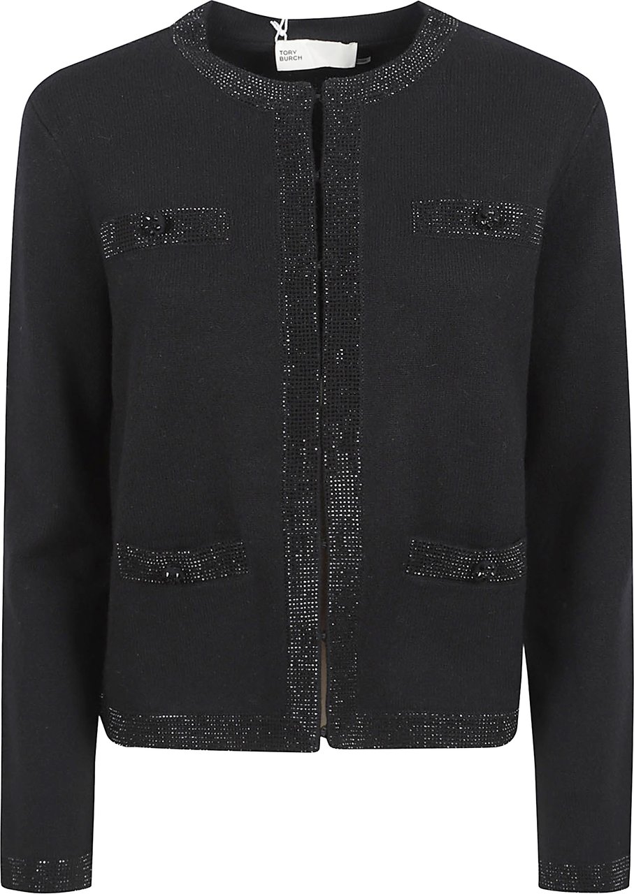 Tory Burch Kendra Cardigan with Crystal Embellishments Zwart