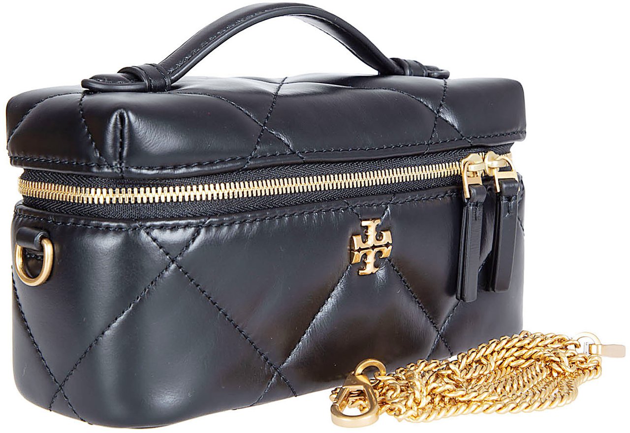 Tory Burch Quilted Black Vanity Wallet with Chain Strap and Signature Emblem Grijs