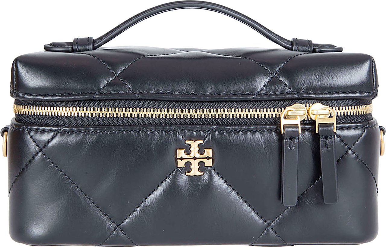 Tory Burch Quilted Black Vanity Wallet with Chain Strap and Signature Emblem Grijs