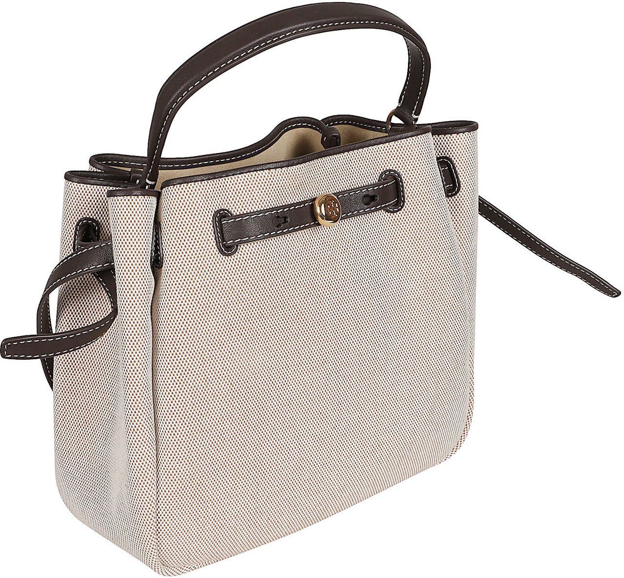 Tory Burch Rectangular Structured Handbag with Textured Fabric and Contrasting Trim Roze