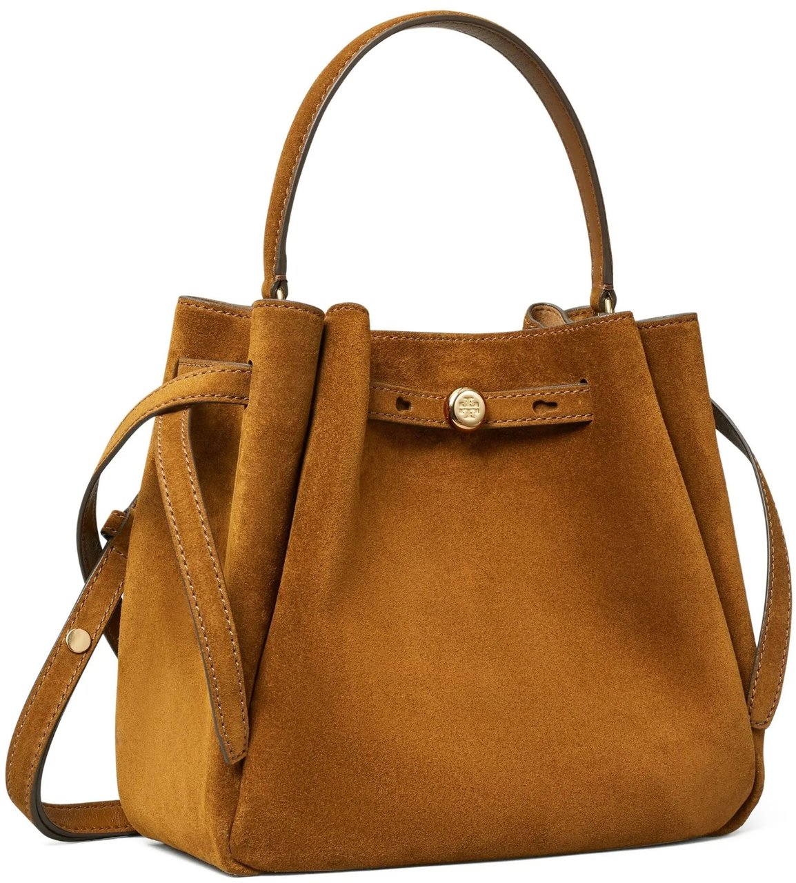Tory Burch Structured Suede Brown Bucket Bag with Gold Accents Bruin