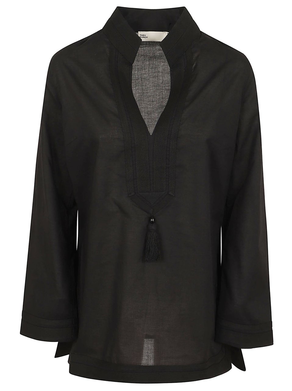 Tory Burch Relaxed Fit Cotton Voile Tunic with Herringbone Twill Accents Zwart