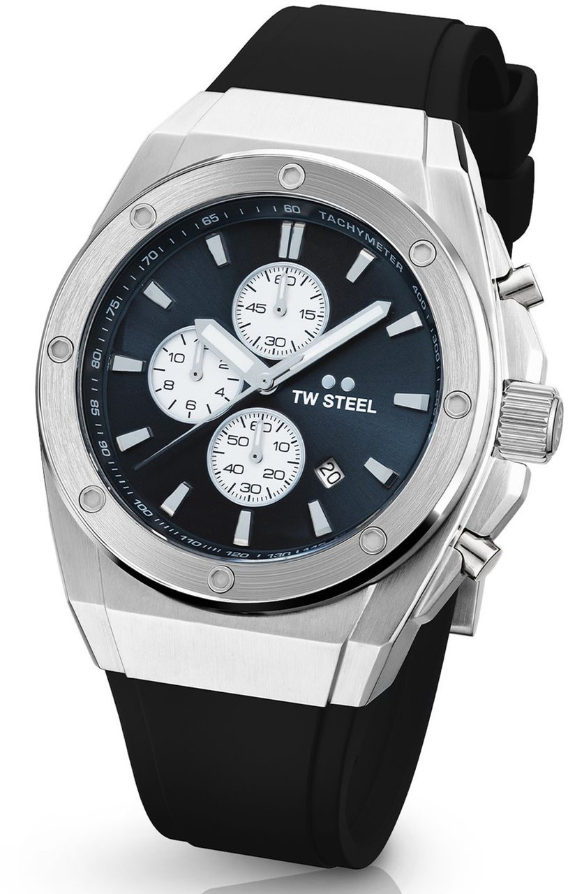 TW Steel TW Steel Horloge CE4100 Staal Quartz Swiss Made Chronograaf met Rubberenband 44mm Zwart