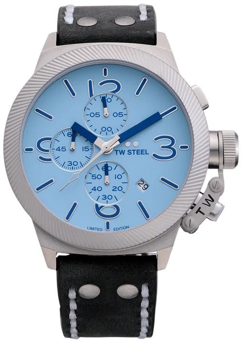 TW Steel TW Steel Horloge CS127 Canteen Staal Quart Swiss Made Chronograaf met Lichtblauwe Wijzerplaat 45mm 20th Anniversary Collection Lichtblauw