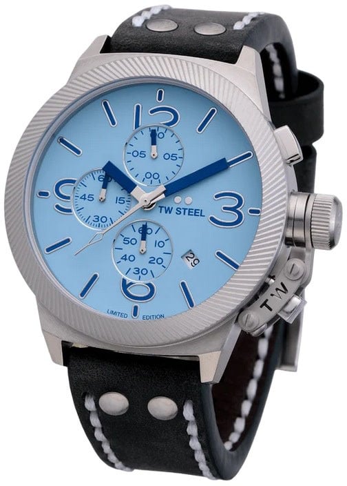 TW Steel TW Steel Horloge CS127 Canteen Staal Quart Swiss Made Chronograaf met Lichtblauwe Wijzerplaat 45mm 20th Anniversary Collection Lichtblauw