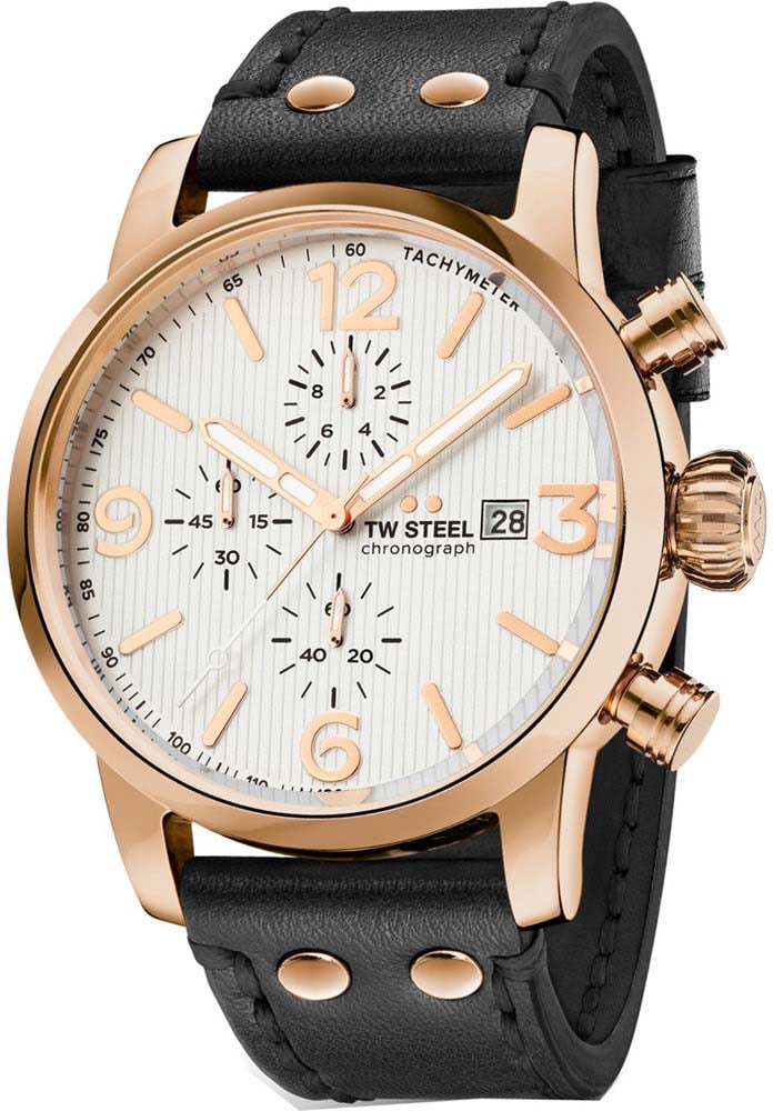TW Steel TW Steel Horloge MS73 Staal met Rosegouden Plating Chronograaf Quartz met Zwart Leren Horlogeband Divers