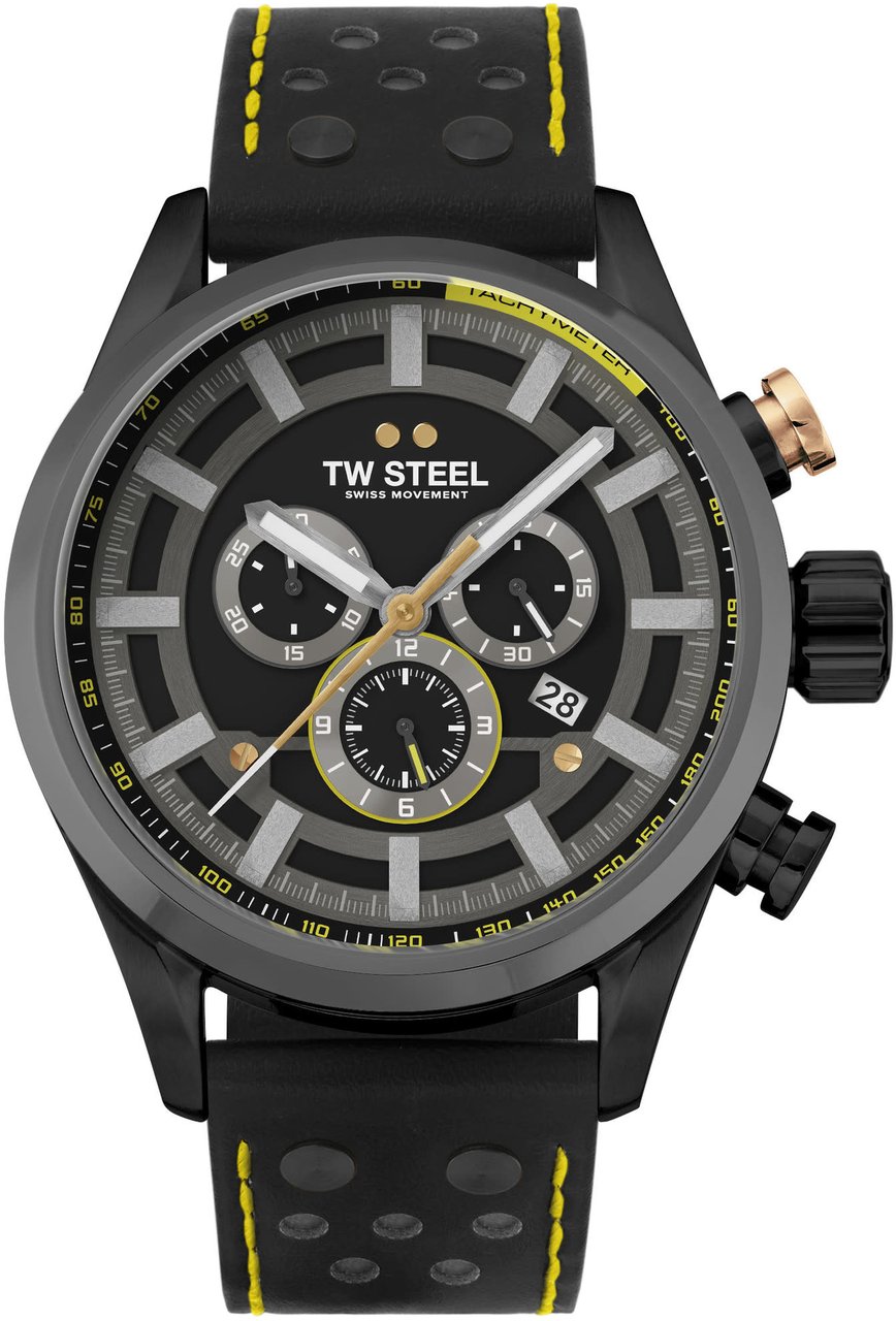 TW Steel TW Steel Horloge Heren SVS207 Staal 48mm met Zwart Plated Kast en Zwart leren horlogeband Zwart