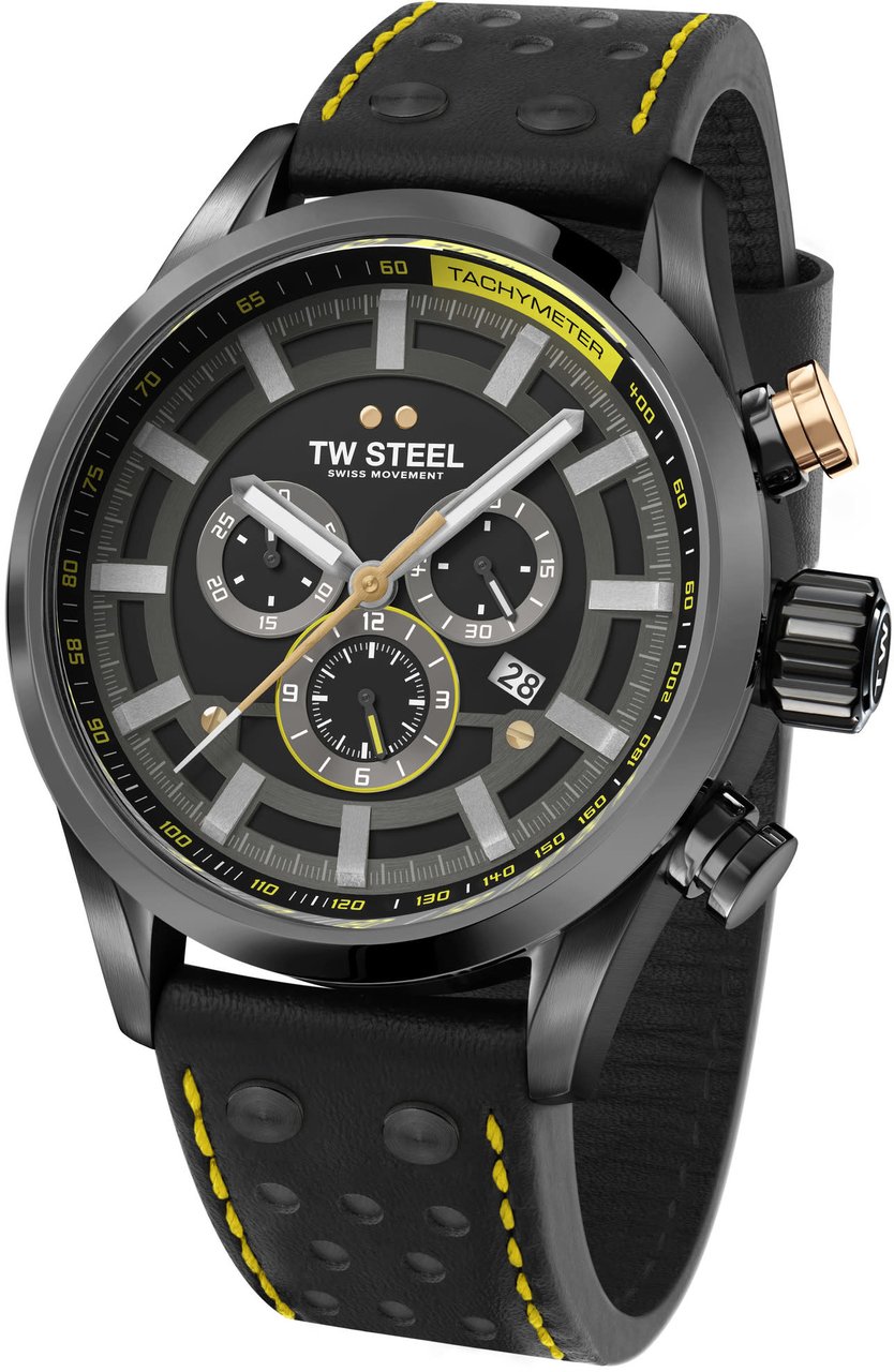 TW Steel TW Steel Horloge Heren SVS207 Staal 48mm met Zwart Plated Kast en Zwart leren horlogeband Zwart