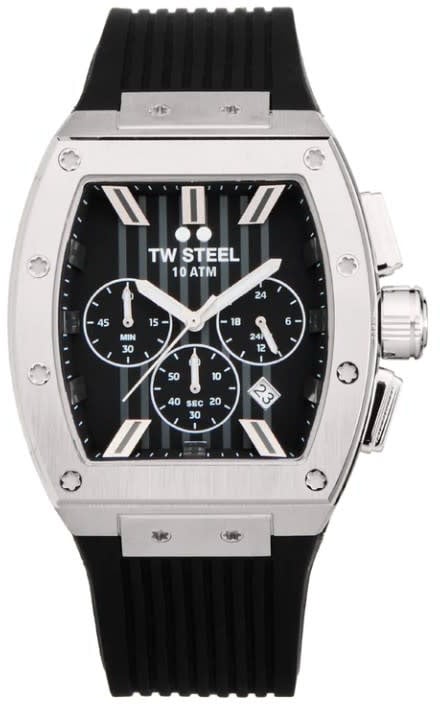 TW Steel TW Steel Horloge T01 Staal Rechthoekige Kast Quartz Chronograaf en met Rubberen Band met Vouwsluiting Zwart